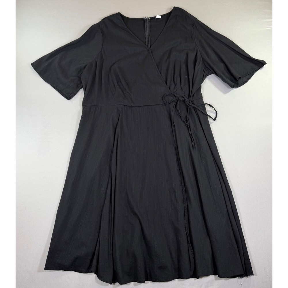 Black Wrap Midi Dress 2X V-Neck Plus Tie Waist Minimalist Quiet Luxury Workwear